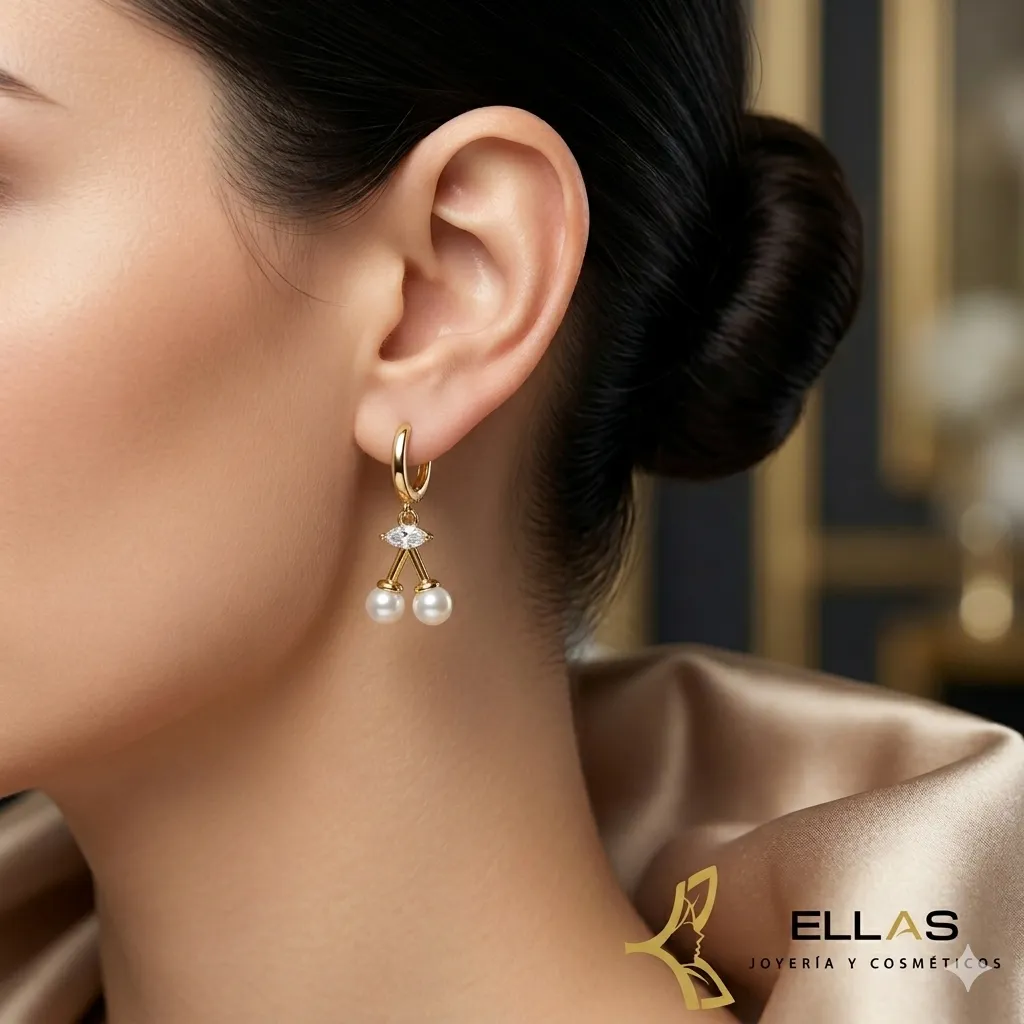 Arete Cerezas PerlasOro Laminado 18K Dorado Circonia Blanca Perla Cristal 2.2 x 0.9 cm pero.webp