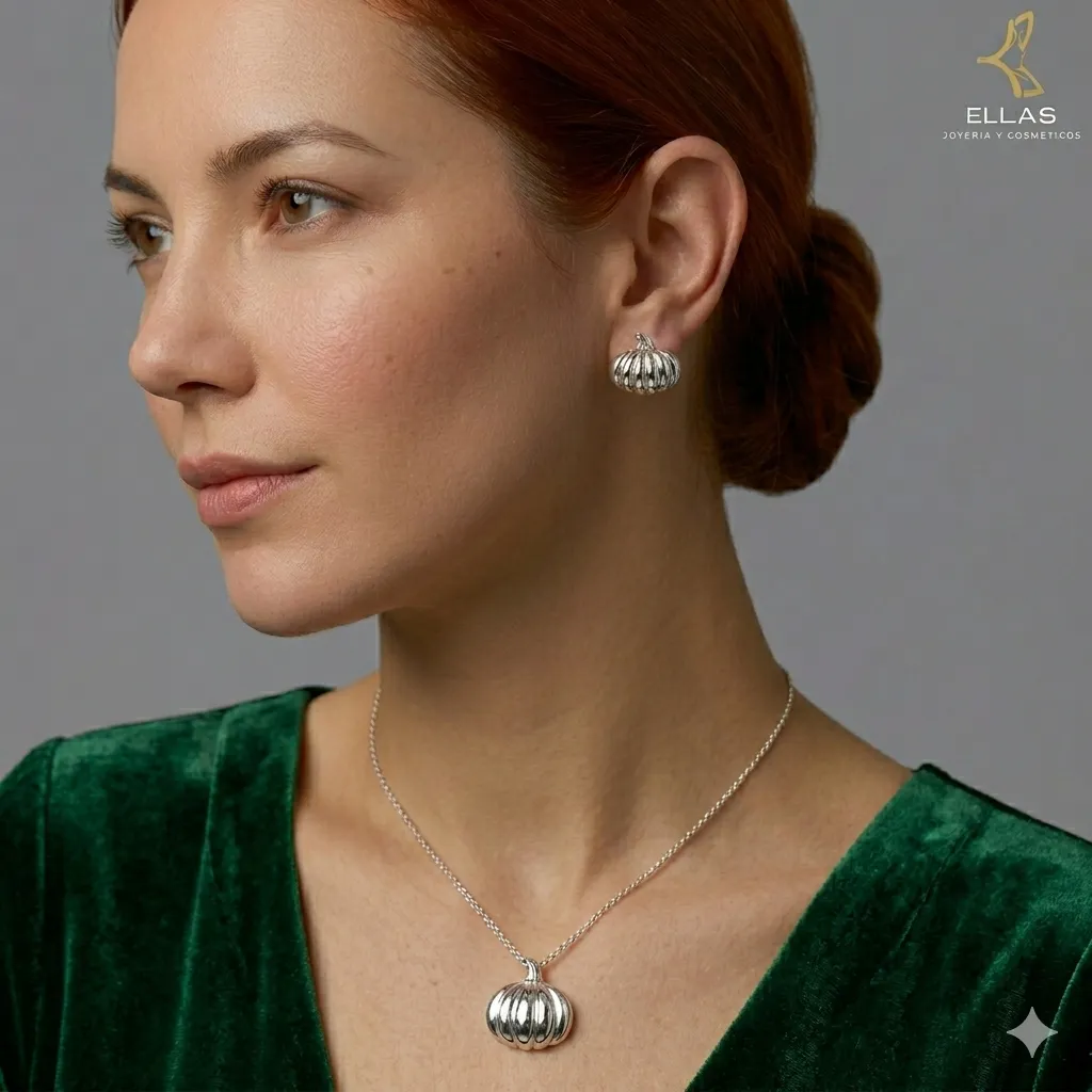 Juego Calabaza de Plata Oro Laminado 18K Blanco, Broquel Largo 0.9 cm Ancho 1.2 cm, Dije Largo 1.8 cm Ancho 1.2 cm persona.webp