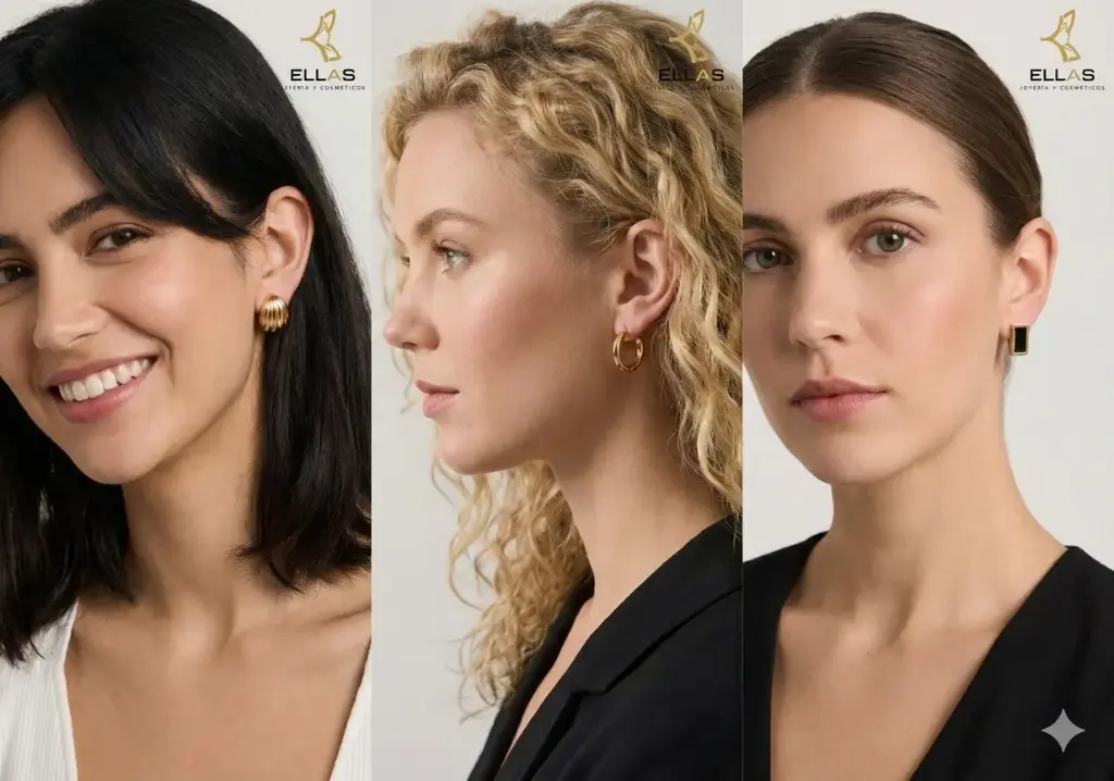 Set 3 aretes en  CoverGold Concha, Rectángulo negro y candonga