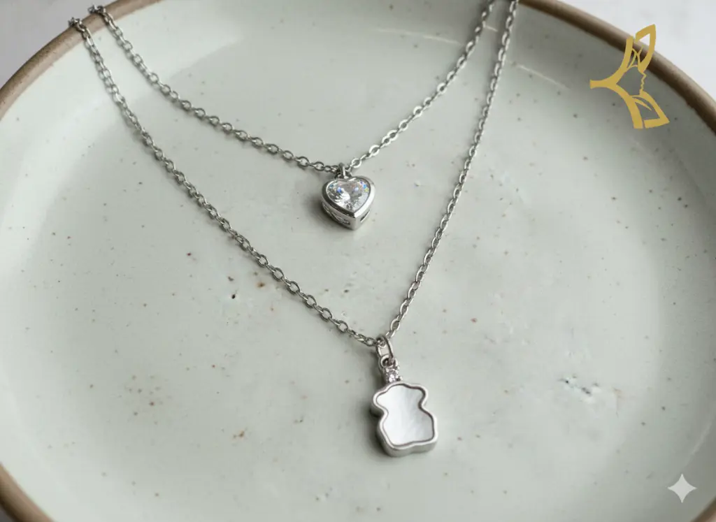 Set Juego de collar acero corazón y dije osso cadena dos vueltas + aretes corazón liso