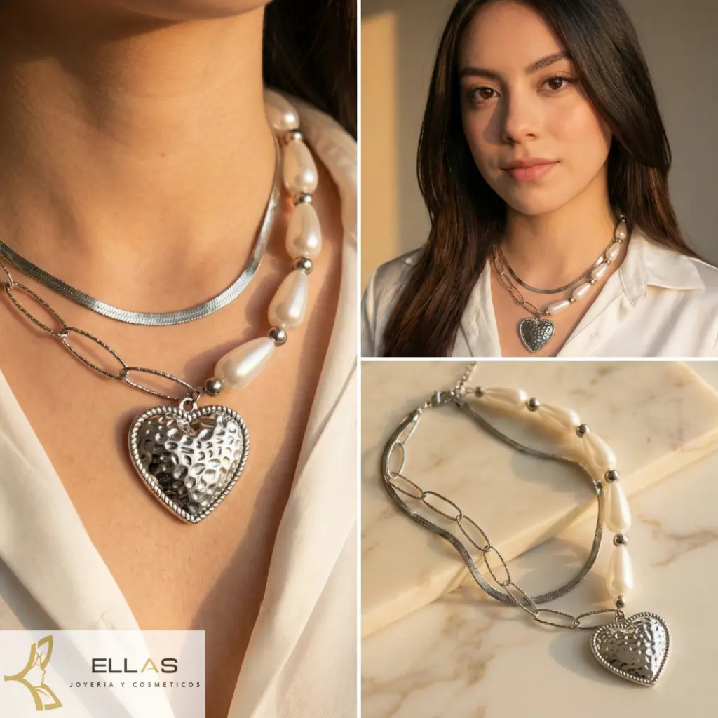 Set Silver Corazon Perlas Dos vueltas