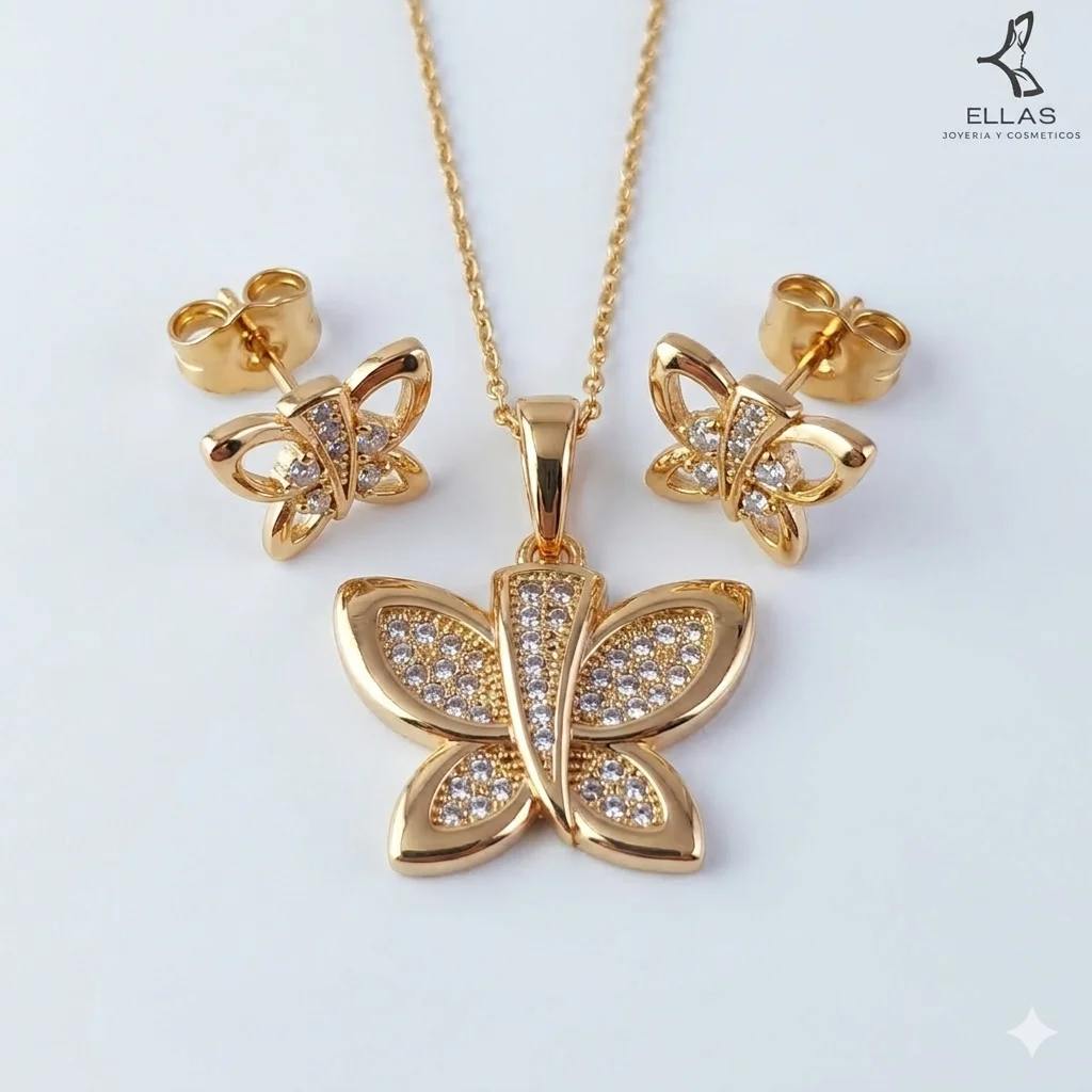 Juego Mariposa con Trébol Oro Laminado 18K Dorado/ Circonia Blanca