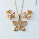 Juego Mariposa con Trébol Oro Laminado 18K Dorado/ Circonia Blanca