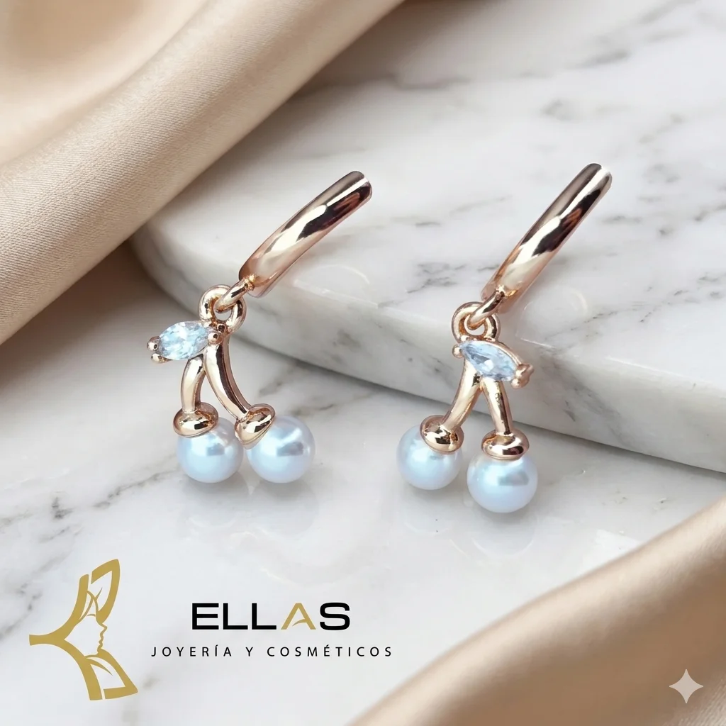[WEBACEREZA] Arete Cerezas Perlas Oro Laminado 18K Dorado/Circonia Blanca/Perla Cristal
