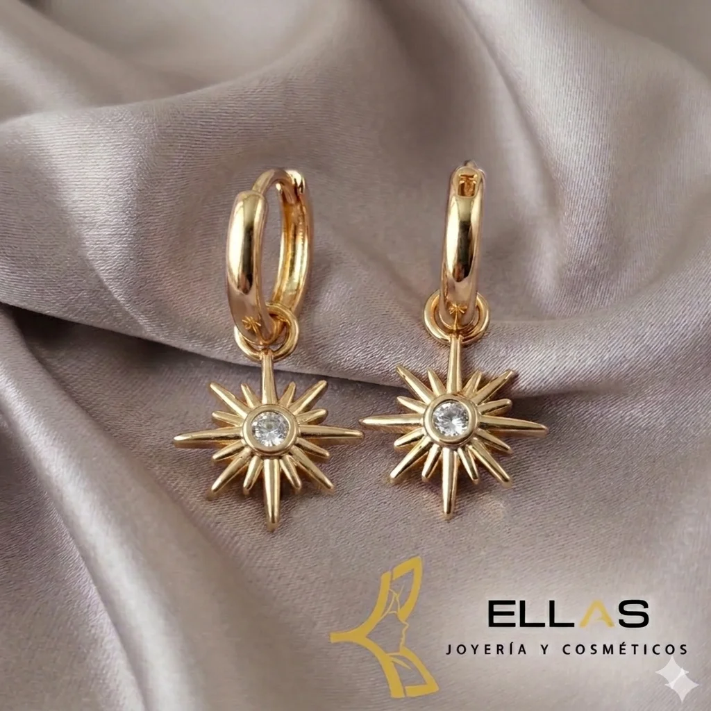 Arete Desmontable Sol Radiante Oro Laminado 18K Dorado/Circonia Blanca