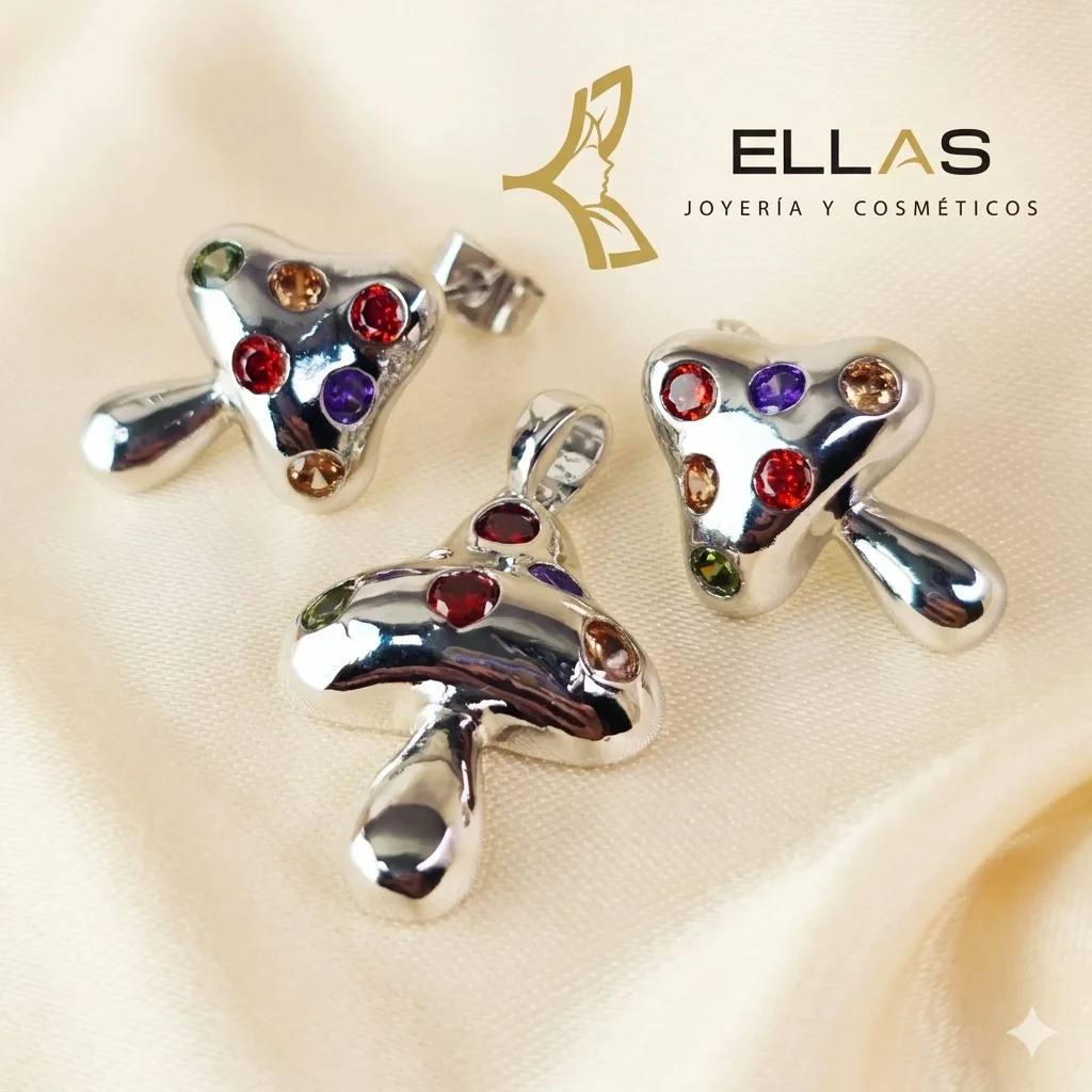 Juego Hongo con Lunetas de Colores Oro Laminado 18K Blanco/Circonia Multicolor